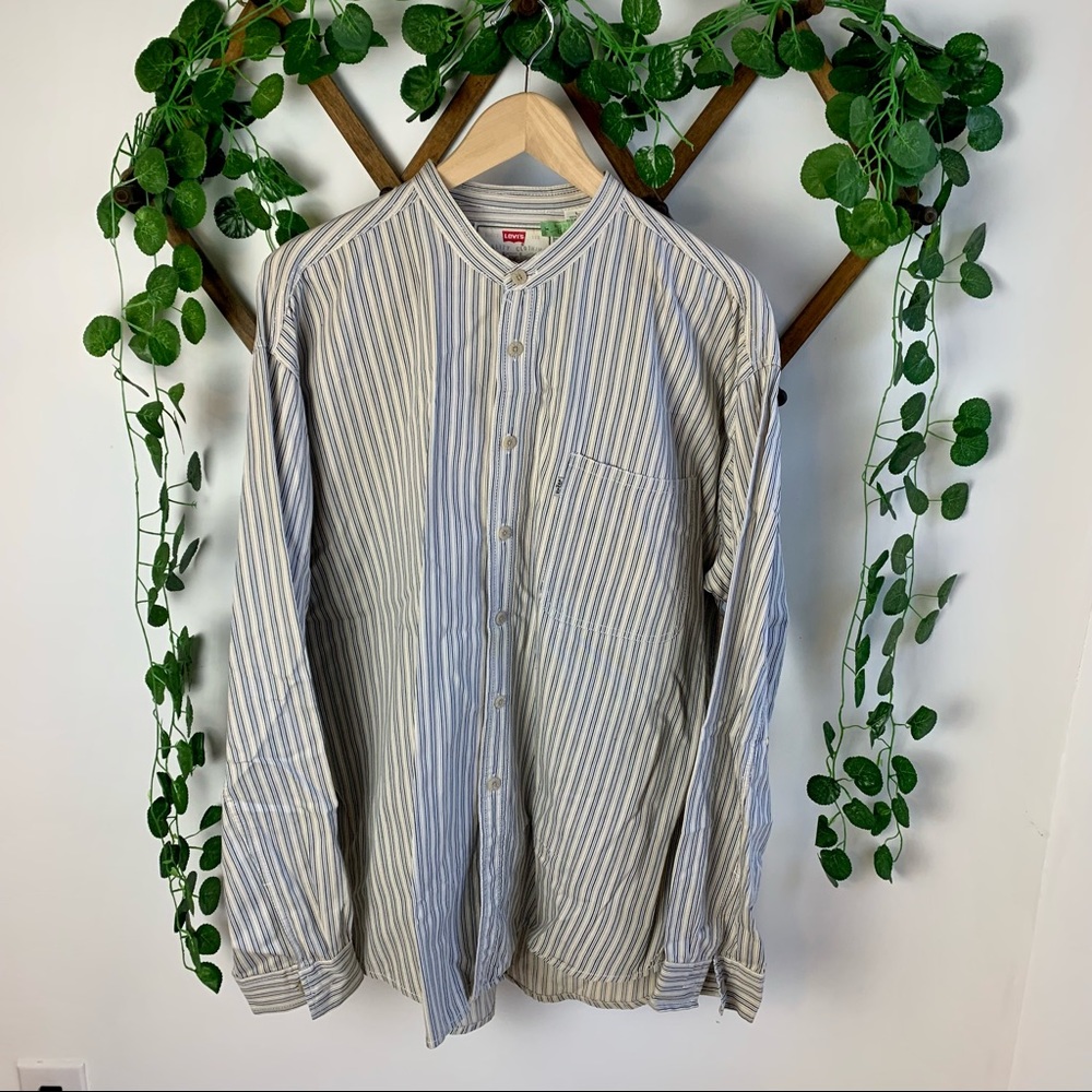 VTG 90s Levi’s Cotton Denim Banded Collar Collarless Shirt Nehru Large Striped